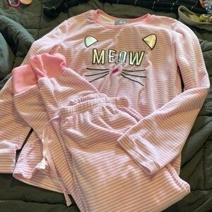 PJ Couture Meow cat 2 piece pj set pink and white stripe small